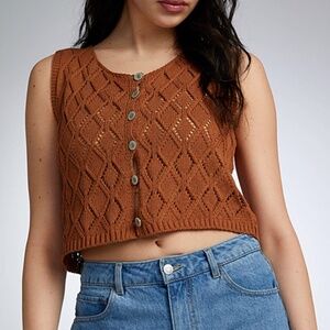 Copper brown crochet openwork diamond knit sweater vest top made in Italy NWT